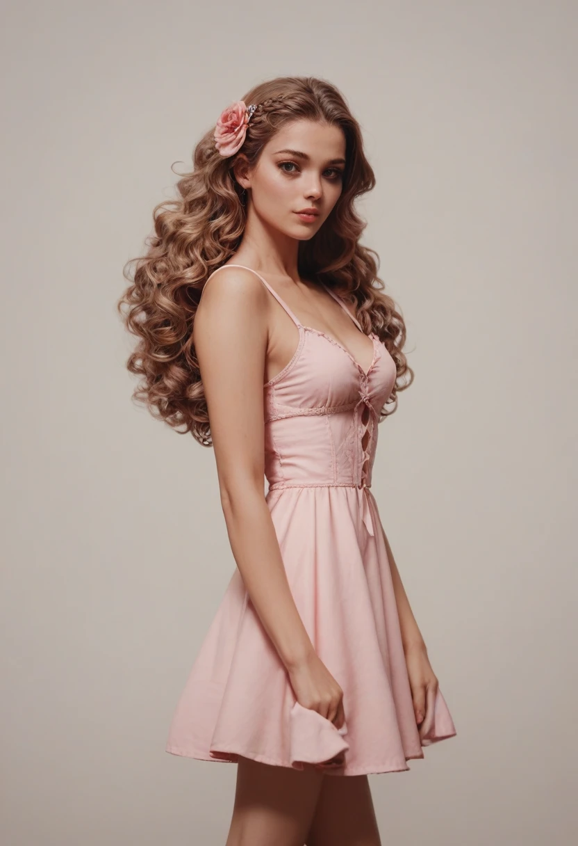 a sexy (young:1.3) girl, pretty face:1.3, fashion, sexy breasts:0.4, fashion [wavy|fluffy|wavy] hair, simple background, pink sundress, young