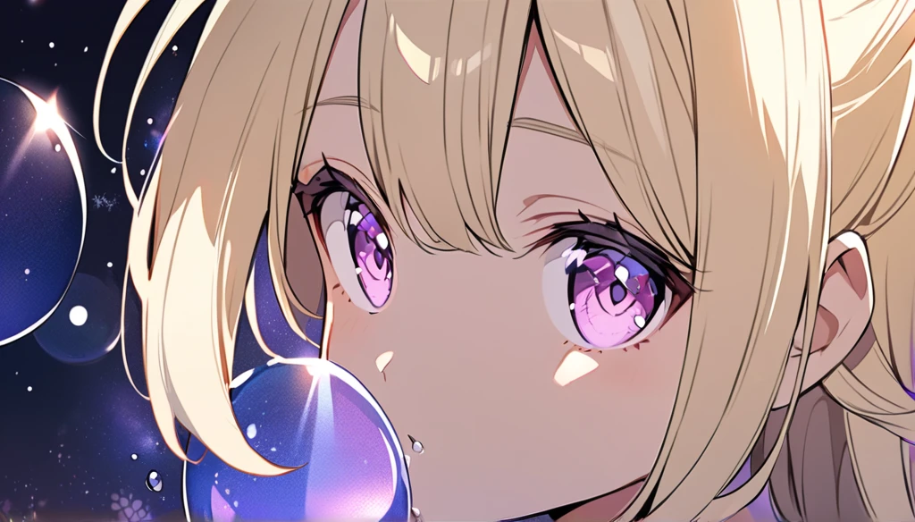 Light blonde girl in anime style，Violet eyes blowing bubbles under the stars