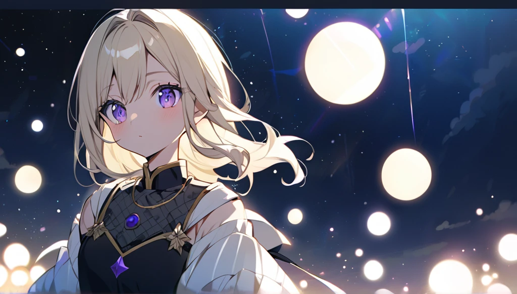 Light blonde girl in anime style，Violet eyes blowing bubbles under the stars