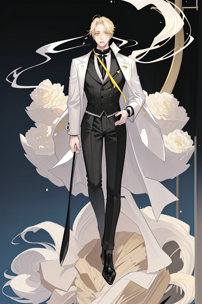 (masterpiece), best quality, seductive eyes, mature face, handsome man, yellow eyes, mid length blonde hair, full bangs covering his forehead, white shirt, black pants, black coat, broad shoulders, anime cover, 1boy, masculine, hirotaka nifuji, smoking, full body, long legs, tall, solo male
