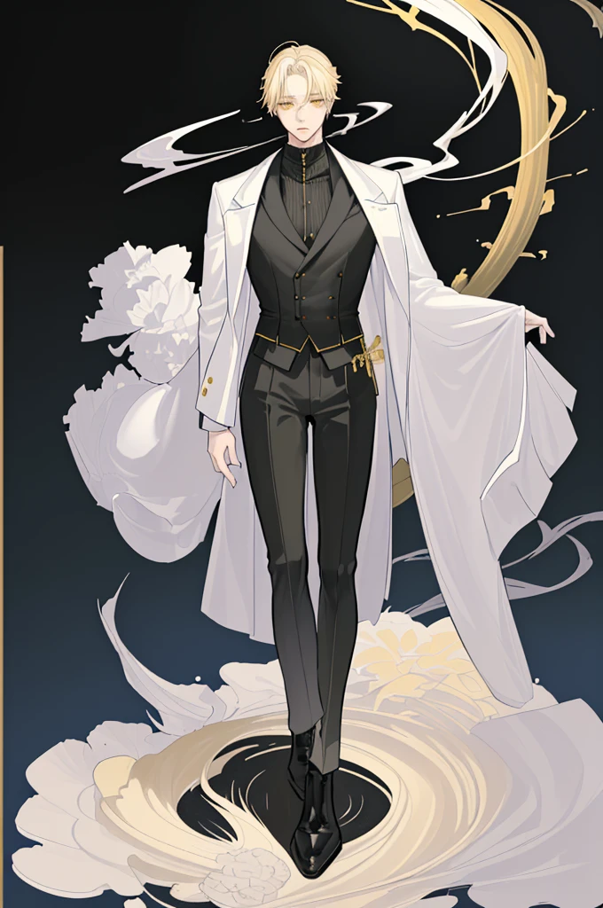 (masterpiece), best quality, seductive eyes, mature face, handsome man, yellow eyes, mid length blonde hair, full bangs covering his forehead, white shirt, black pants, black coat, broad shoulders, anime cover, 1boy, masculine, hirotaka nifuji, smoking, full body, long legs, tall, solo male
