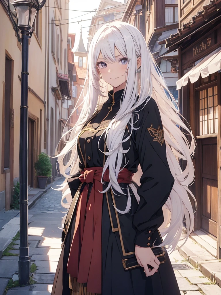 1girl, (anime coloring:1.3), perfect_anatomy, best quality, anime scene, otherworldly, downturned eyes, cool beauty, beautiful_hair, straight hair, white long hair, slim, slender, feminine, heartwarming smile, german clothes, standing, demacia city, Old town atmosphere, Medieval town, Traditional dress,