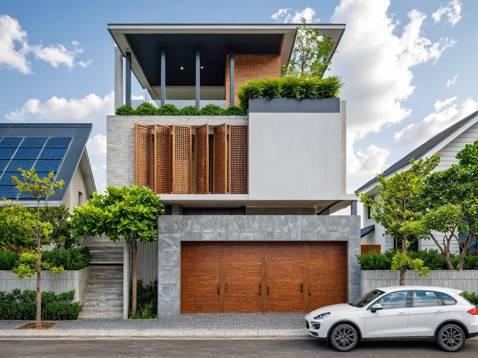 Masterpiece, high quality, best quality, authentic, super detail, outdoors, onestoreyvillaXL, aiaigroup, house style modern on the street ,stairs, white wall ,road,pavement, grass, trees, sky, cloud, (daylight:1.1)