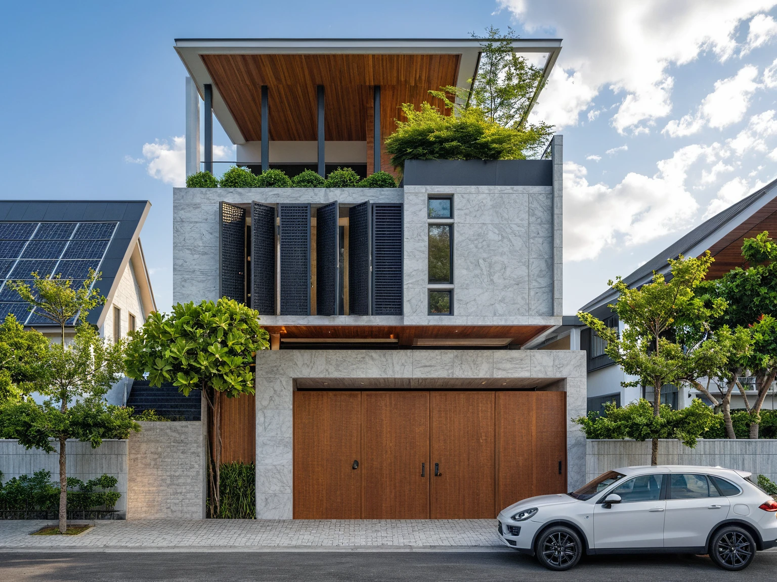 Masterpiece, high quality, best quality, authentic, super detail, outdoors, onestoreyvillaXL, aiaigroup, house style modern on the street ,stairs, white wall ,road,pavement, grass, trees, sky, cloud, (daylight:1.1)