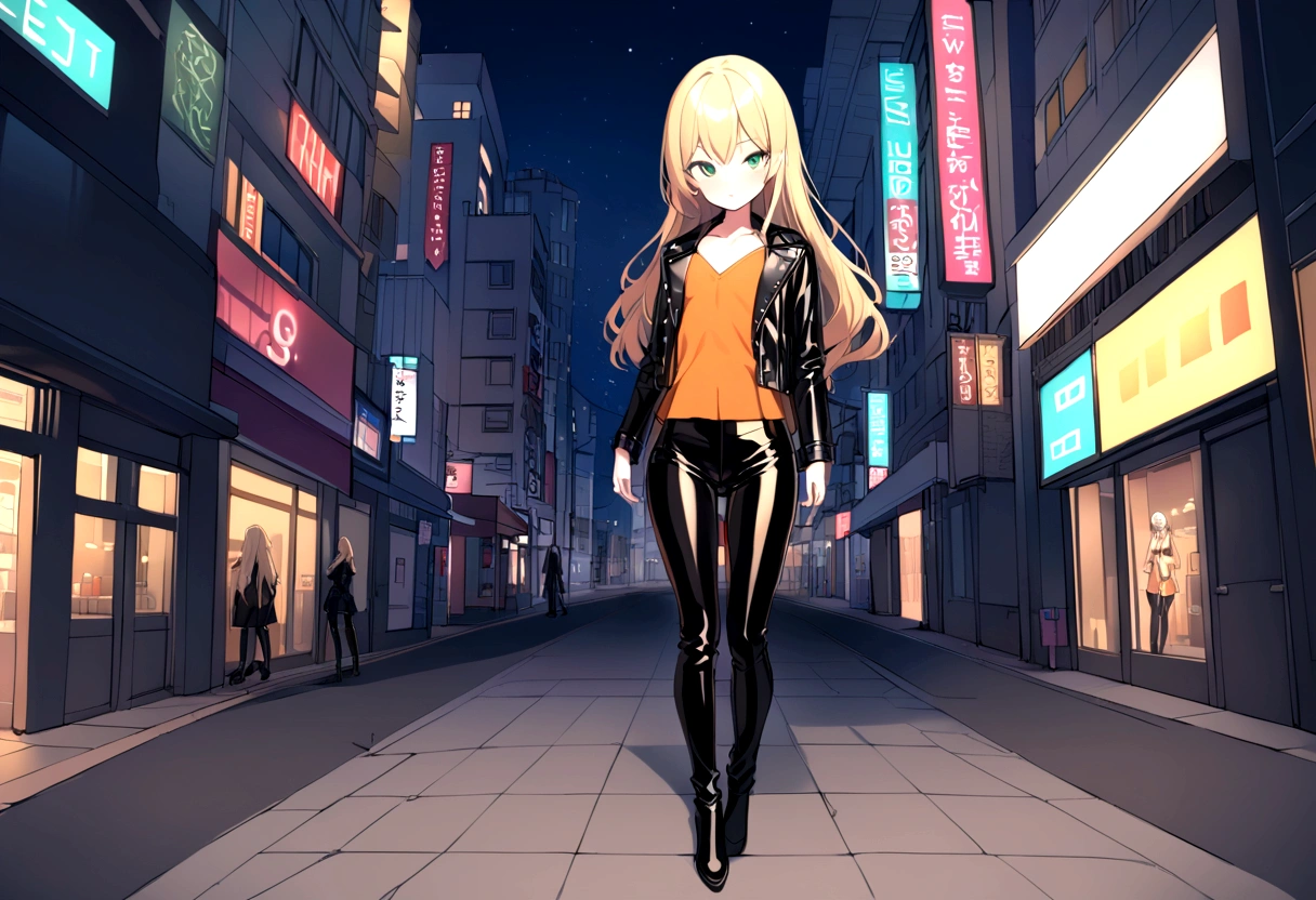 beautiful girl, with long blonde hair, who uses black glasses, with wide hips, narrow waist, flat chest, pretty face, with green eyes, age 18, perfect and glowing skin, wearing flared leather pants and a leather jacket, with an orange blouse, full body, what is in a city at night.