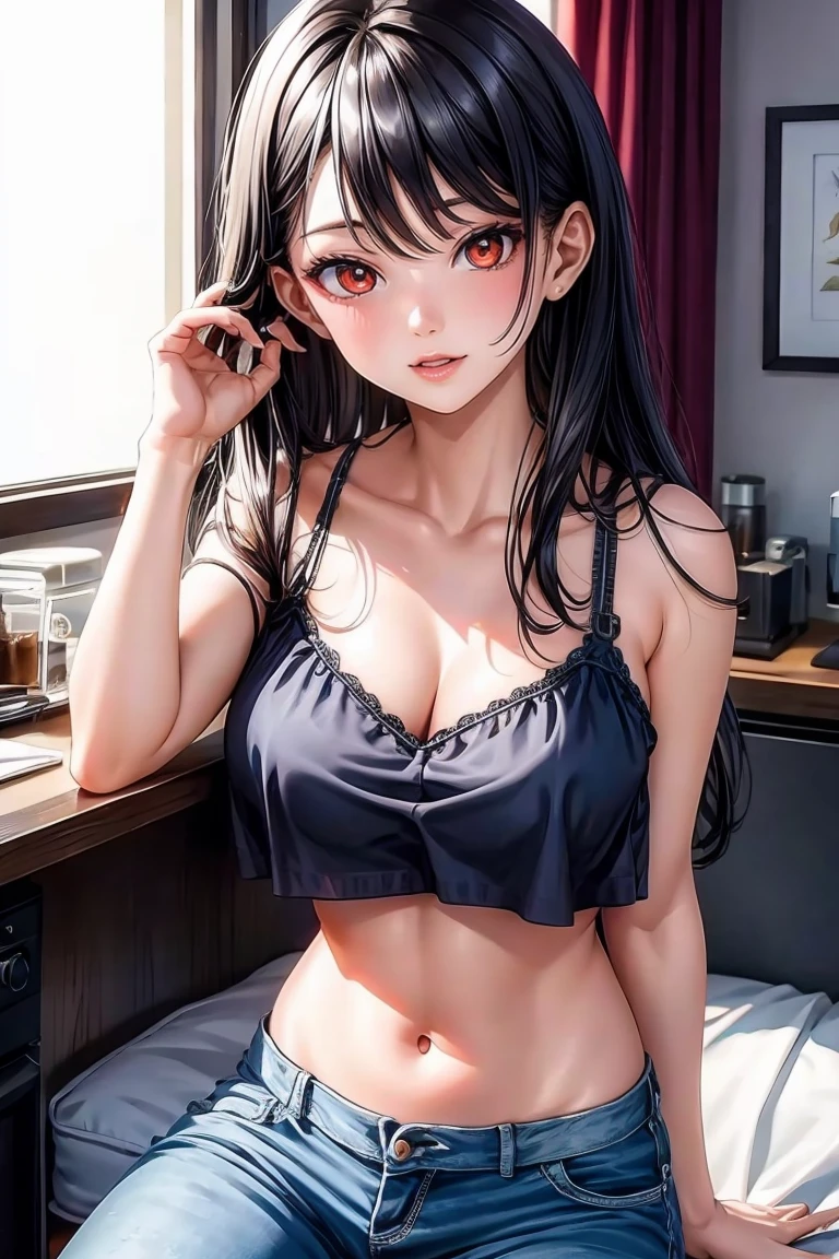 woman, sexy woman, female, mommy, black hair, red eyes, detailed eyes, detailed lips, big breasts, midriff peek, sit with crossed legs, bedroom, evil smile, seductive lips, looking back crop top overhang, adjusting hair, skirt, jean jacket, only wearing jean jacket, bra