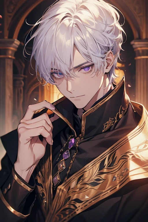 1male, calm, age 35 face, short messy with bangs, white hair, amethyst colored eyes, royalty, prince, black clothes, in a castle, close up, medieval times