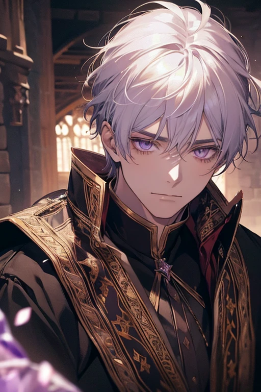 1male, calm, age 35 face, short messy with bangs, white hair, amethyst colored eyes, royalty, prince, black clothes, in a castle, close up, medieval times