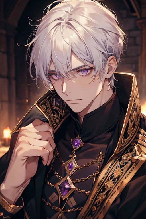 1male, calm, age 35 face, short messy with bangs, white hair, amethyst colored eyes, royalty, prince, black clothes, in a castle, close up, medieval times