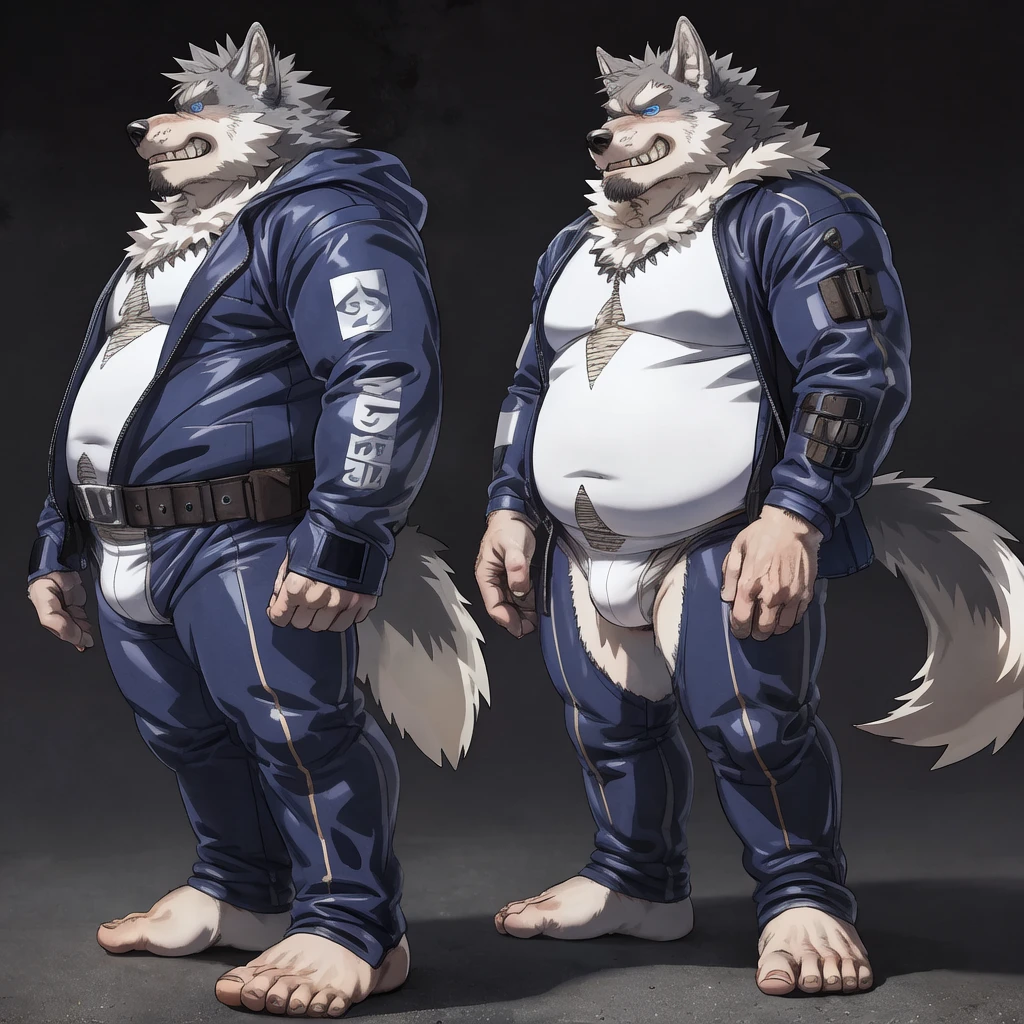 skinsuit chubby gray wolf dad ,blue eyes looking down, naked white briefs , feet white sock, profile, evil grin, kemono , high quality , by rossciaco , standing