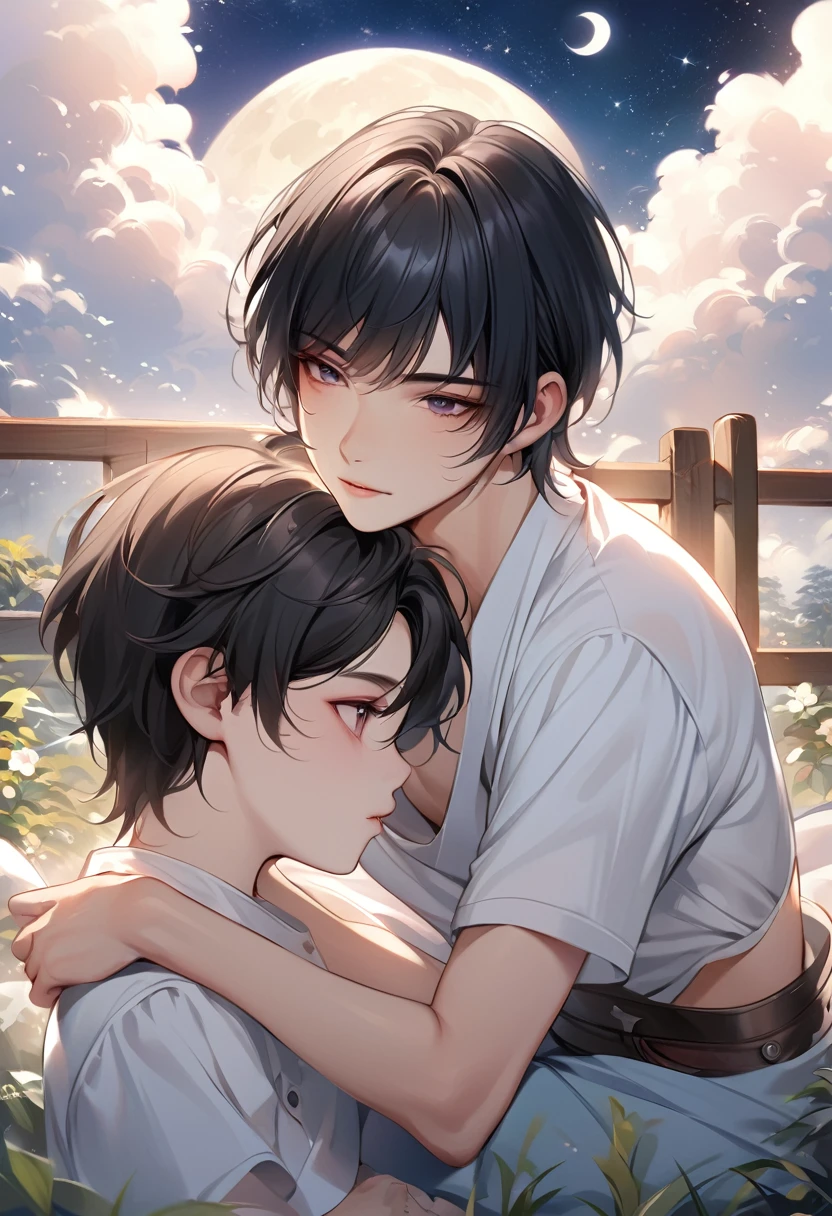 Two boys、Embrace each other、15-year-old boy, Upper body naked, White briefs ,Smooth Skin,lake, Black Hair, Thin、Beautiful Boy、Japanese、Dark Eyes