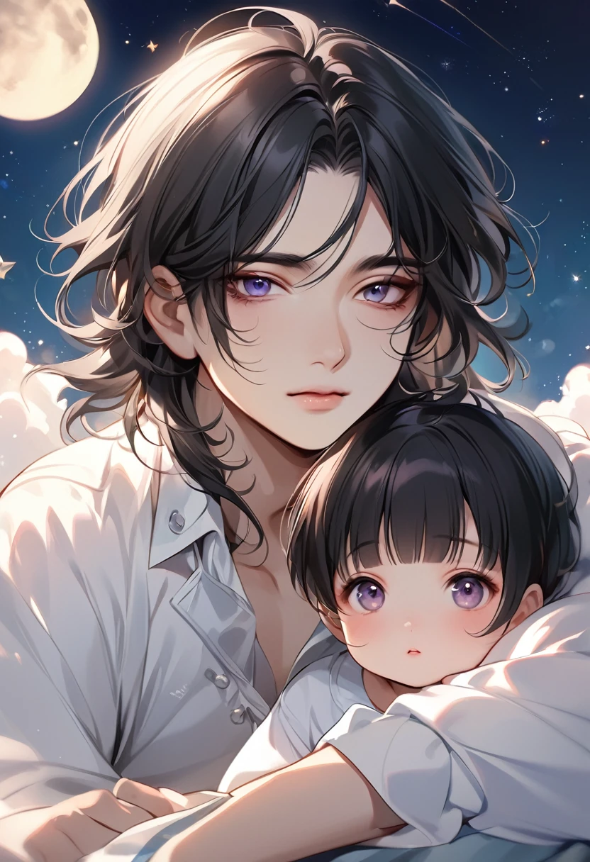 cute anime-style face, Chisato, black hair with bangs, cute and delicate face, young cute pale Asian face, Sakimichan, midday moon and stars in the sky, A handsome boy in a white shirt, Realistic anime boy