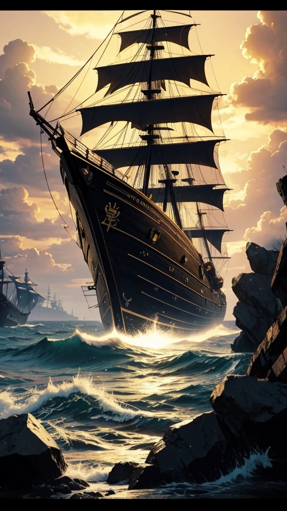 Background image: anime, black and yellow pirate ship, 