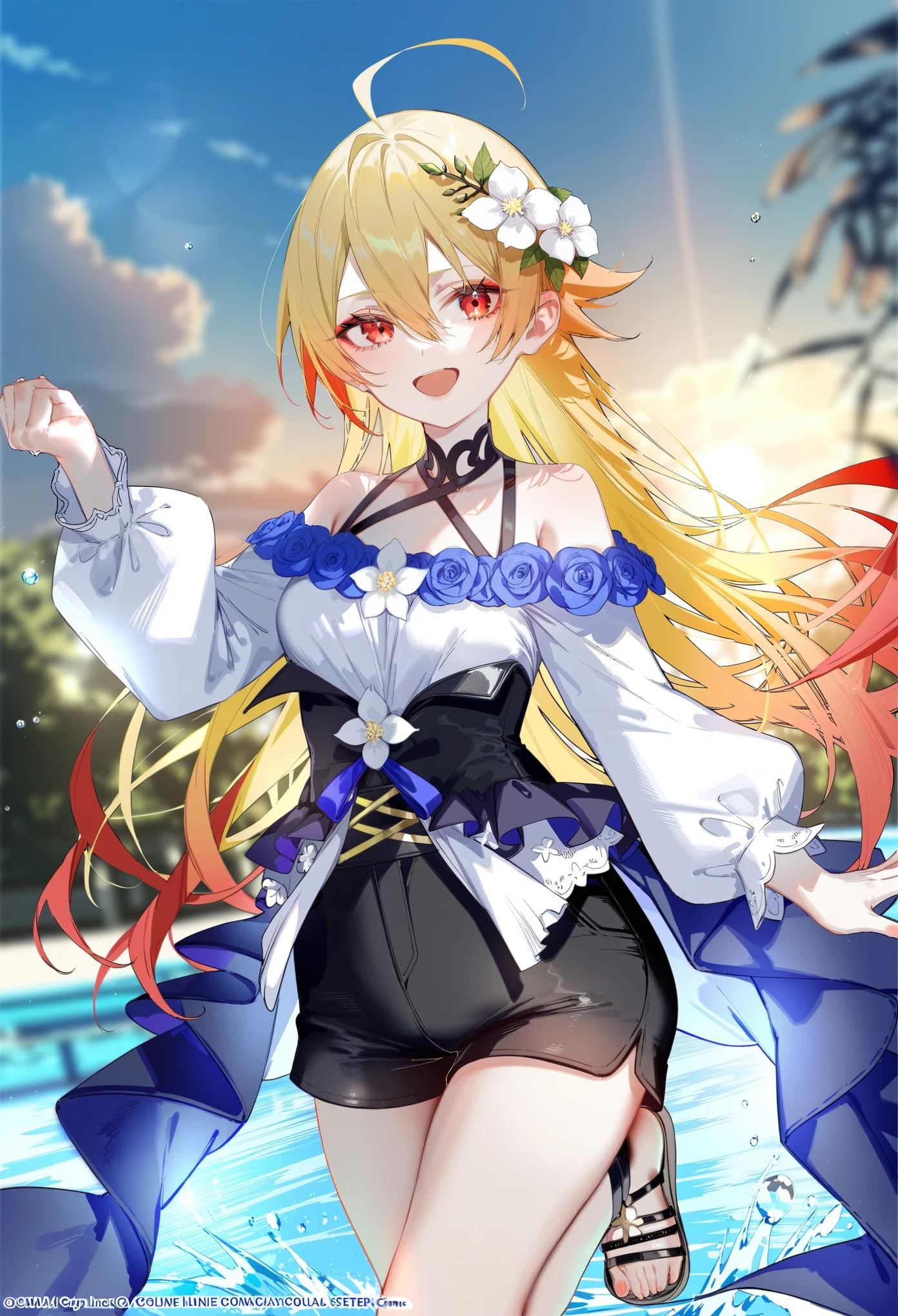 1girl, (by pottsness:1.1), by ciloranko:1.1, (by omone_hokoma_agm:1.1), ((absurdres, official art, masterpiece)), best aesthetic, best quality, ultra detailed, intricate details, new, newest, glossy hair, moist skin, 18 years old, adult woman, medium breasts, blurry background, depth perception, solo, subject focus:1.1, depth perception, red eyes, solo, outdoors, long hair, shorts, water, ahoge, looking at viewer, long sleeves, sunset, standing, bare shoulders, hair ornament, black shorts, sandals, smile, wading, open mouth, sky, standing on one leg, shirt, flower, sun, hair between eyes, short shorts, blonde hair, very long hair, :d, dress, white flower, outstretched arm, cloud, off shoulder, black footwear