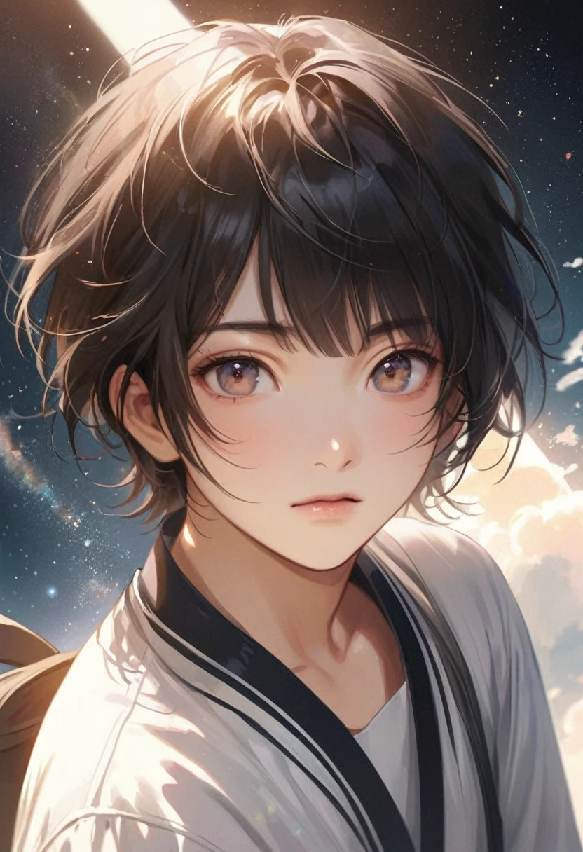 cute anime-style face, Chisato, black hair with bangs, cute and delicate face, young cute pale Asian face, Sakimichan, midday moon and stars in the sky, A handsome boy in a white shirt, Realistic anime boy