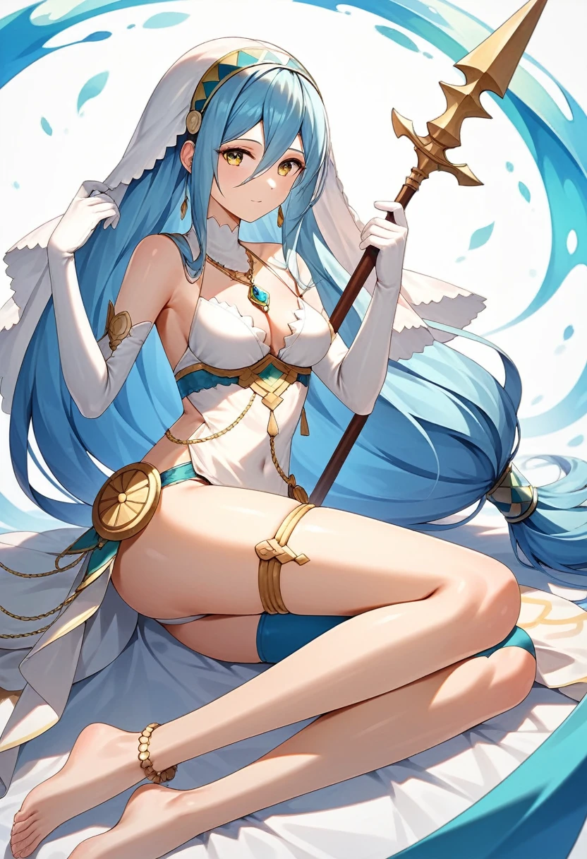 masterpiece, Highest quality, Very detailed, score_9, score_8_upper, score_7_upper, score_6_upper, アニメ, Aqua(Fire emblem), azura_(FEif), Low-tied_long_hair, light_blue_hair, Yellow Eyes, Asymmetrical legwear, barefoot, Opera Gloves, pendant,White legwear, Single bare leg, White Dress, hair band, Long hair between the eyes, Gold Anklet, Veil, Beautiful Eyes, Perfect Face, Perfect hands, Perfect Fingers, medium breasts, Very beautiful long legs, Thighs, spear, Have a weapon, shoulder