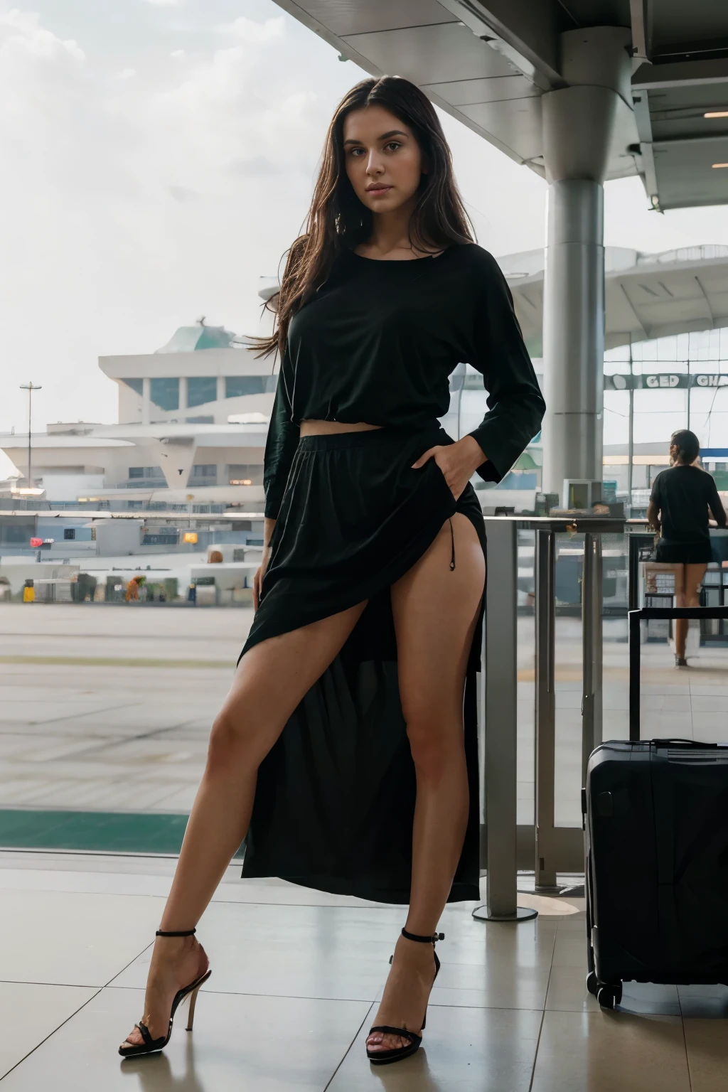Beautiful 26 years old woman, 170cm high, 60 kg weight, white skin, long curly dark hair, green eyes, wearing black loose t-shirt , long skirt, heels, (((airport ))), surprised, natural morning light, realistic portrait, analog style, underboob, breast, nipple, (((full body))), from below