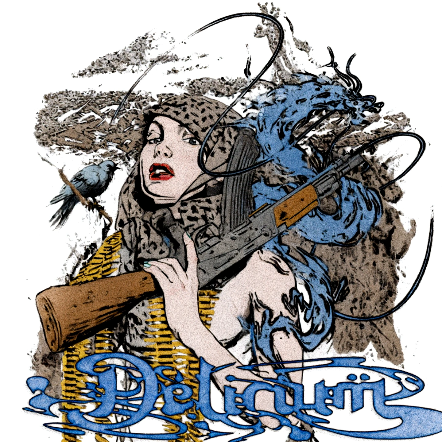 arafed image of a woman with russian face-like girl with a gun and a bird, delirious, defiant, official artwork, 3delight, full color illustration, cd cover artwork, detailed cover artwork, full color digital illustration,, delicate, demolition, defiant and beautiful, detailed artwork, destitute, 3 color screen print, artwork