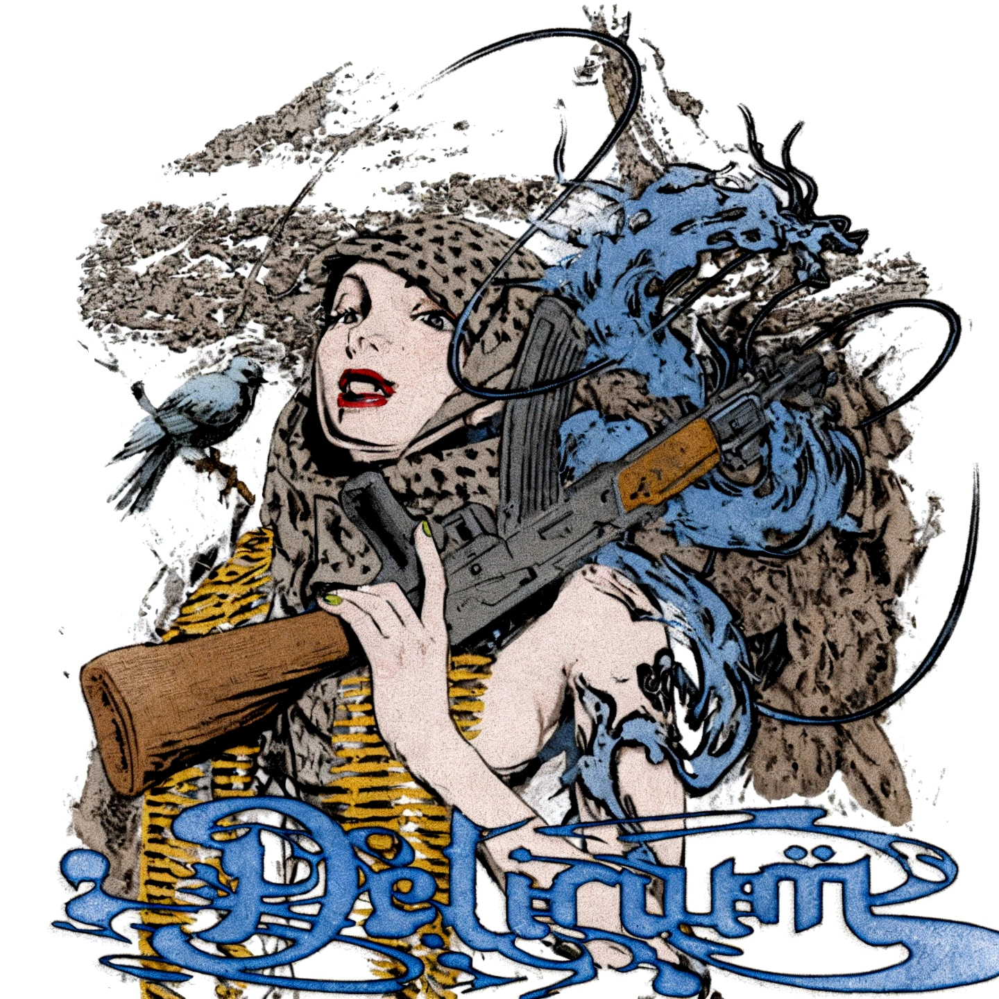arafed image of a woman with russian face-like girl with a gun and a bird, delirious, defiant, official artwork, 3delight, full color illustration, cd cover artwork, detailed cover artwork, full color digital illustration,, delicate, demolition, defiant and beautiful, detailed artwork, destitute, 3 color screen print, artwork