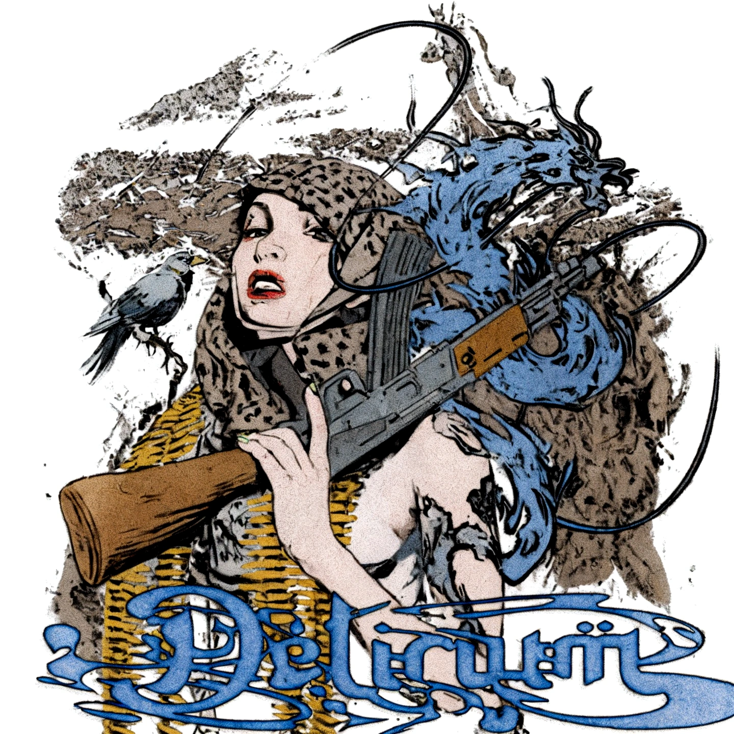 arafed image of a woman with russian face-like girl with a gun and a bird, delirious, defiant, official artwork, 3delight, full color illustration, cd cover artwork, detailed cover artwork, full color digital illustration,, delicate, demolition, defiant and beautiful, detailed artwork, destitute, 3 color screen print, artwork