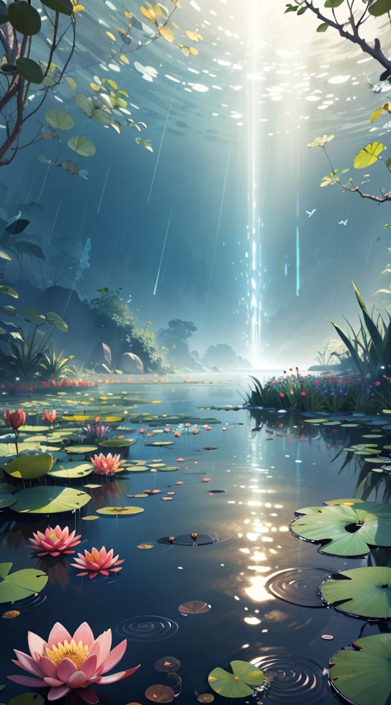 A wide pond where water lilies are blooming everywhere it is raining hard but there are butterflies flying above the water lilies creating a mystical fantasy vibe effect in a 8k ultra wallpaper 