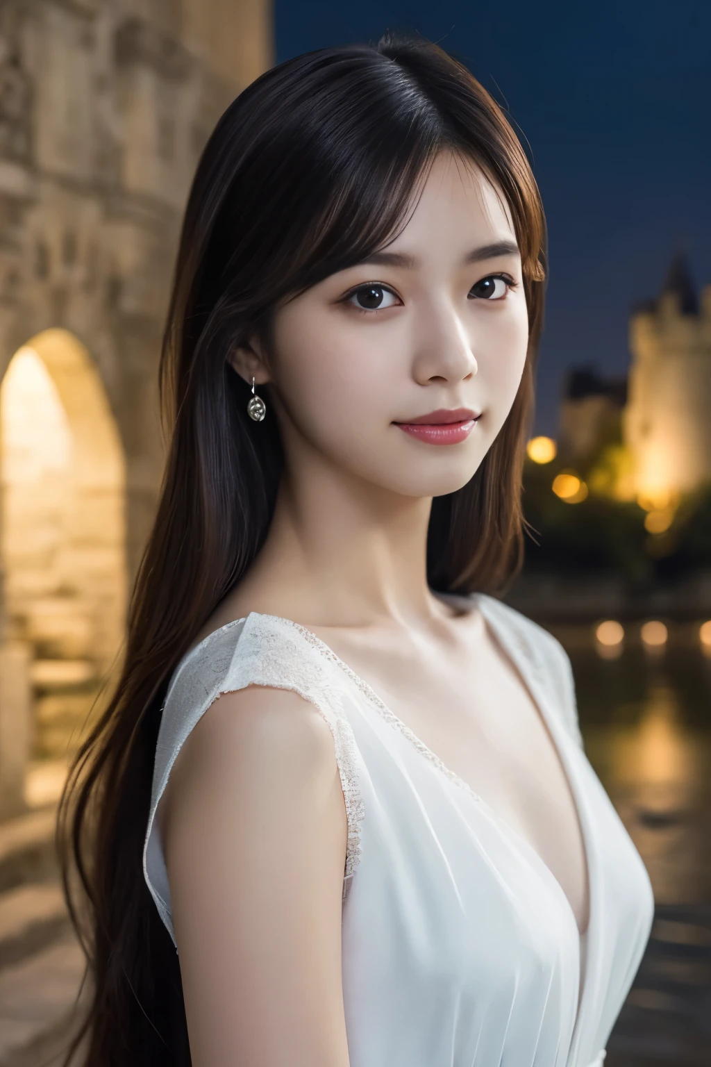 1 girl, (wearing a white dress:1.2), (RAW photo, highest quality), (realistic, Photoreal:1.4), very delicate and beautiful, very detailed, 2k wallpaper, wonderful, finely, Very detailed CG Unity 8K 壁紙, Super detailed, High resolution, soft light, beautiful detailed girl, very detailed目と顔, beautifully detailed nose, Finely beautiful eyes, cinematic lighting, (castles of the loire:1.3), , perfect anatomy, slender body, 
straight semi-long hair, looking at the viewer, slight smile