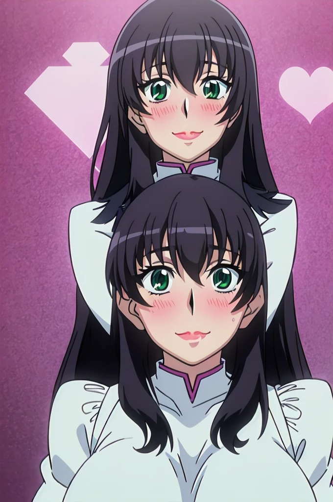 Morinoyuuko, wide, green eyes, too big breasts, lipstick, super tight white sweater that highlights the breasts a lot, body average, 1 girl, Alone, looking at the viewer, blushing, Upper part of the body, SMILE, look in love