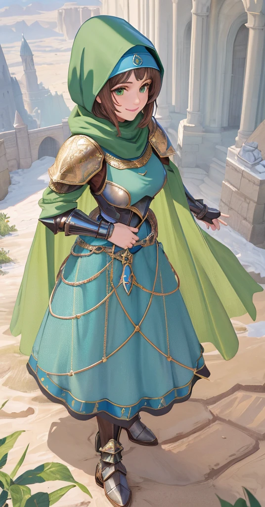 masterpiece, best quality:1.2), 1girl, smile, looking at viewer, green eyes, short brown hair, princess, armor, blue hijab headscarf, pauldrons, armored dress, green cloak cape, wearing puffy blue ballgown skirt, armored boots, fingerless gloves, standing in front of desert castle