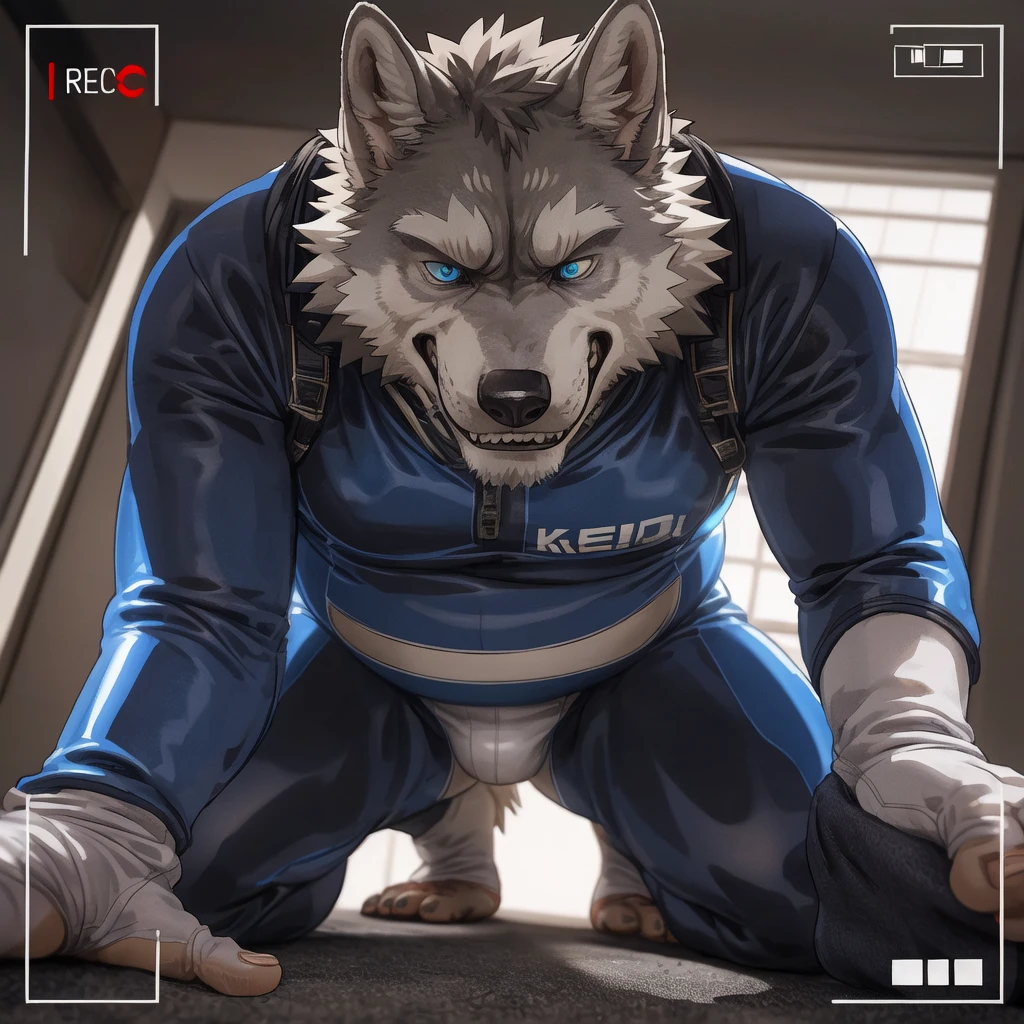 skinsuit kneel still chubby gray wolf dad ,blue eyes looking down , naked white briefs , feet white sock, profile, evil grin, kemono , high quality , by rossciaco , ( camera view looking up from below)