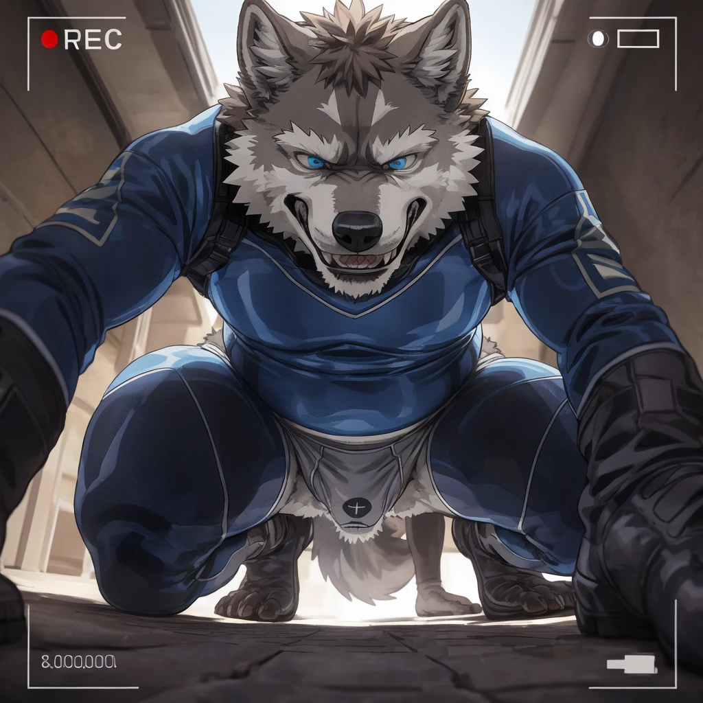 skinsuit kneel still chubby gray wolf dad ,blue eyes looking down , naked white briefs , feet white  sock,  profile, evil grin, kemono , high quality  , by rossciaco  , ( camera view looking up from below) 