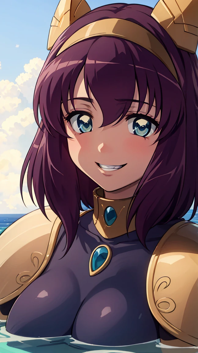 henrietta,,The Familiar of Zero,17_year_old_girl,purple_hair,blue_eyes,large breasts, huge breasts, 
BREAK (open clothes, hairband, grin, (gold armor), body markings:1.2), BREAK fishnet, ocean, partially submerged, happy, looking at you, closed mouth, blue sky,
BREAK (masterpiece:1.2), best quality, high resolution, unity 8k wallpaper, (illustration:0.8), (beautiful detailed eyes:1.6), extremely detailed face, perfect lighting, extremely detailed CG, (perfect hands, perfect anatomy),