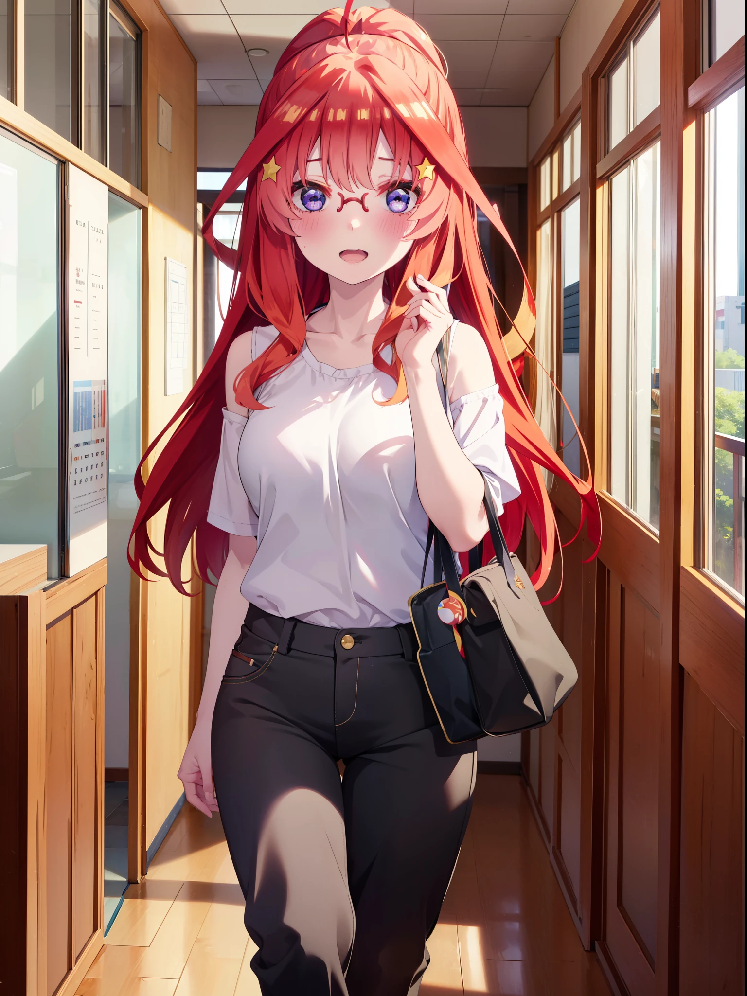 itsukinakano, itsuki nakano, One Woman,bangs, blue eyes, Hair between the eyes, Ahoge, Redhead, star \(symbol\), hair ornaments, star hair ornaments,smile,blush,Open your mouth,ponytail,Red-rimmed glasses,Cold Shoulder Shirt,skinny pants,Stiletto heels,Walking,whole bodyがイラストに入るように,
break indoors, School,廊下
break looking at viewer, whole body,
break (masterpiece:1.2), Highest quality, High resolution, unity 8k wallpaper, (figure:0.8), (Beautiful attention to detail:1.6), Highly detailed face, Perfect lighting, Highly detailed CG, (Perfect hands, Perfect Anatomy),