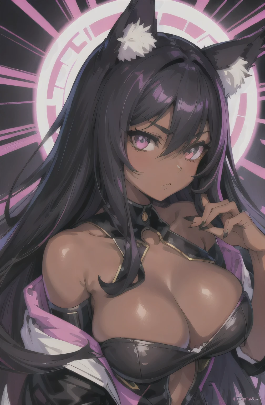 Anime Style Portrait of a sexy, African catgirl, with Jet-black Hair, purple eyes, dark-skinned, black cat ears, 1tail, perfect composition, hyper-detailed, 8K, high quality, perfect eyes, trending art, trending on artstation, sharp focus, studio photo, intricate details, by Tite Kubo, big breasts, full body,