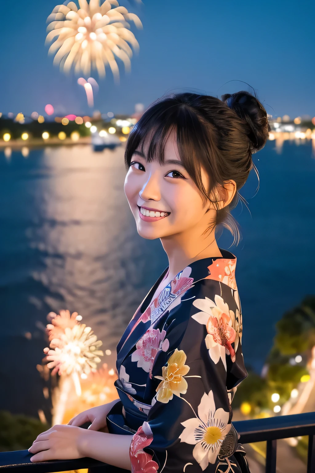 master piece,best quality,ultra-detailed,girl wearing yukata,fireworks in the distance,looking at view,from side,black hair,medium hair,single hair bun,forehead,upper body,riverside,night,horizon,(magnificent panorama view:1.2),(beaming smile:1.4),(from above1.3)(firework:1.2),natural pose