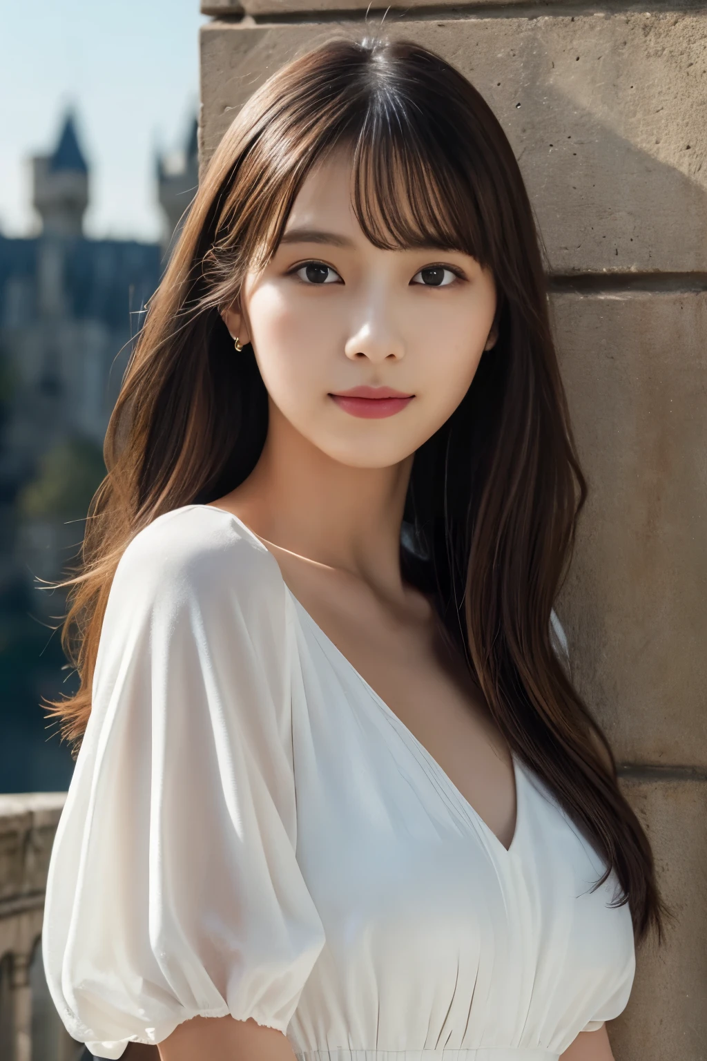 1 girl, (wearing a white dress:1.2), (RAW photo, highest quality), (realistic, Photoreal:1.4), very delicate and beautiful, very detailed, 2k wallpaper, wonderful, finely, Very detailed CG Unity 8K 壁紙, Super detailed, High resolution, soft light, beautiful detailed girl, very detailed目と顔, beautifully detailed nose, Finely beautiful eyes, cinematic lighting, (castles of the loire:1.3), , perfect anatomy, slender body, 
straight semi-long hair, looking at the viewer, slight smile