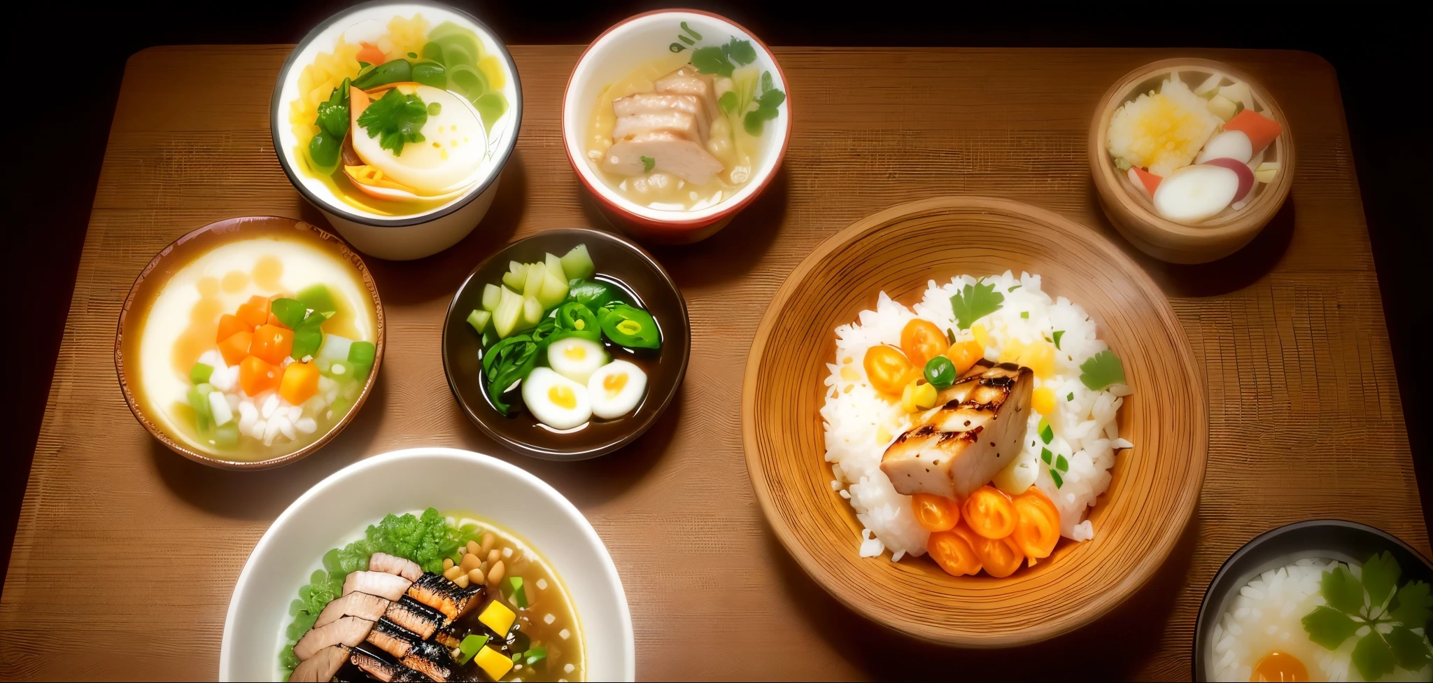 There are many bowls of rice on the table., Grilled pork with ginger,Miso soup,Natto,tomato,pickled vegetables