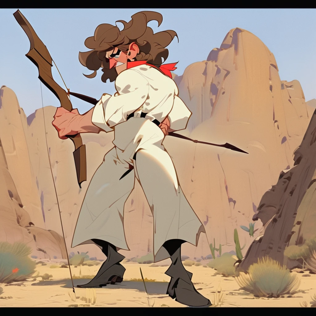 1man, Western, cartoon, Brown wavy hair, big hair, strong Body, white dress shirt with, black suspender, faded black pants patched, Beret, thin big mustache, Arrogant, young adult, Muscular, full body, Holding a bow and arrow, Farm in the desert, Stable 