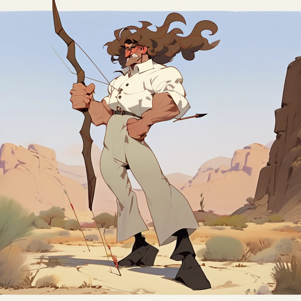 1man, Western, cartoon, Brown wavy hair, big hair, strong Body, white dress shirt with, black suspender, faded black pants patched, Beret, thin big mustache, Arrogant, young adult, Muscular, full body, Holding a bow and arrow, Farm in the desert, Stable 