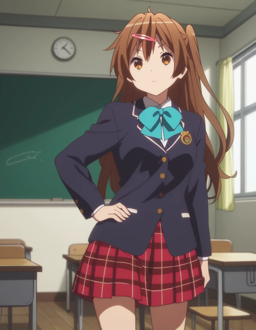 score_9, score_8_up, score_7_up, source_anime,
shinkanibutani,
shinka nibutani, long hair, brown hair, hair ornament, brown eyes, hairclip, one side up,
skirt, , jacket, plaid, kneehighs, plaid skirt, blazer, icho private high , blue blazer,
indoors, classroom,