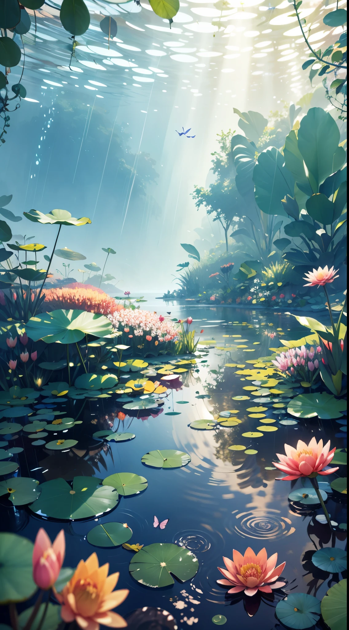 A wide pond where water lilies are blooming everywhere it is raining hard but there are butterflies flying above the water lilies creating a mystical fantasy vibe effect in a 8k ultra wallpaper