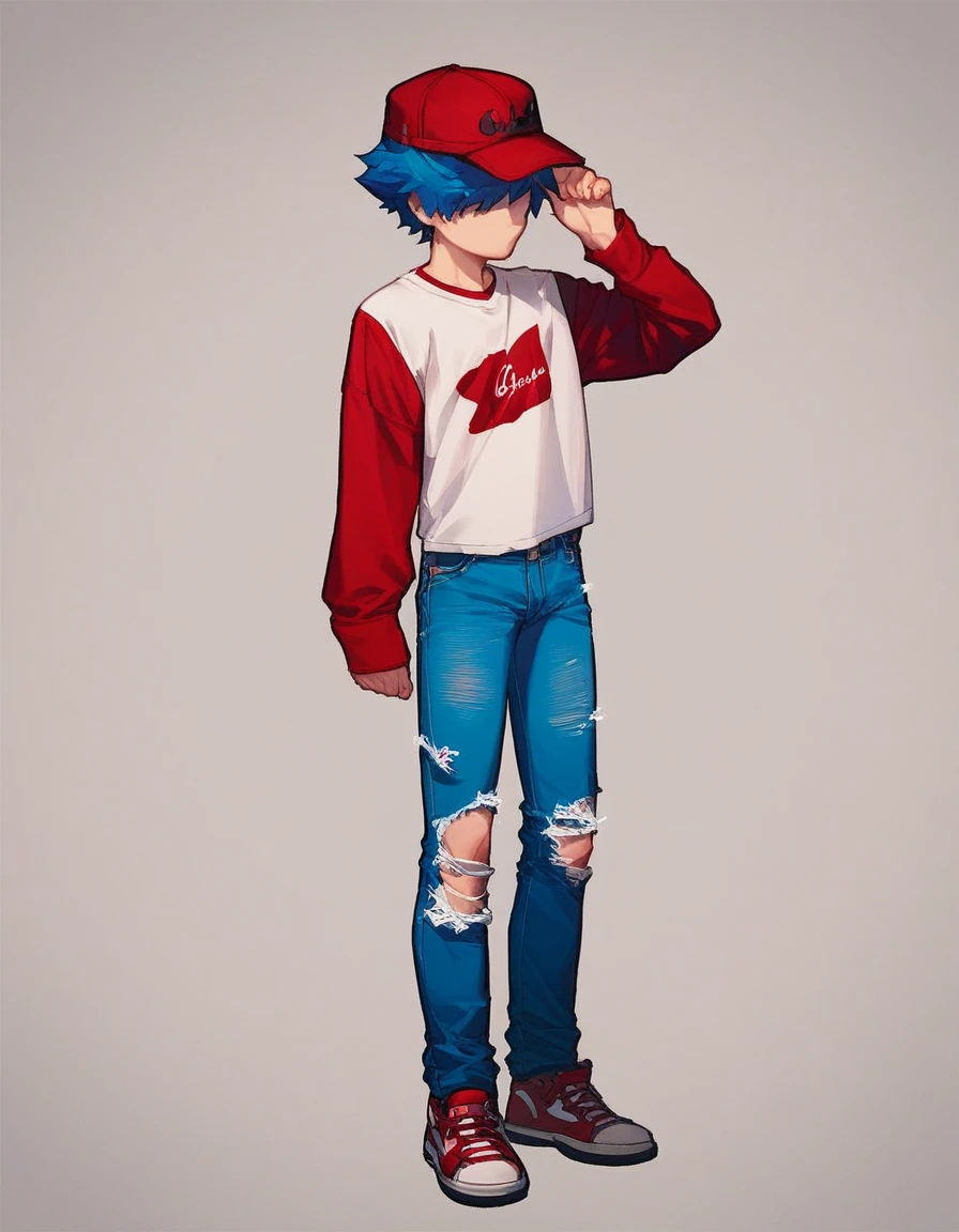 lookalike, solo, short hair, shirt, long sleeves, 1boy, hat, blue hair, standing, full body, white shirt, male focus, shoes, pants, torn clothes, denim, shaded face, t-shirt, jeans, layered sleeves, short over long sleeves, torn pants, red sleeves, red gangster hat, source