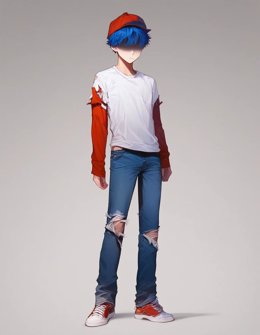 lookalike, solo, short hair, shirt, long sleeves, 1boy, hat, blue hair, standing, full body, white shirt, male focus, shoes, pants, torn clothes, denim, shaded face, t-shirt, jeans, layered sleeves, short over long sleeves, torn pants, red sleeves, red gangster hat, source