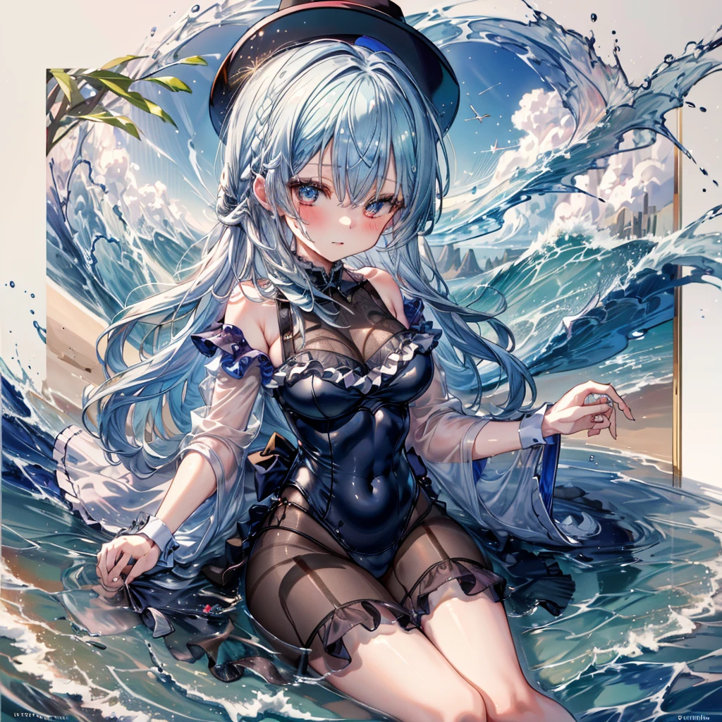 ((Highest quality)), ((masterpiece)), ((detailed)), (4K), a sexy anime girl wearing a top hat and 比基尼 in water with waves, 1girl, 独奏, swimsuit, breasts, 比基尼, hat, indigoblue hair, straw hat, cleavage, navel, water, large breasts, looking at viewer, bangs, frills, frilled 比基尼, sitting, blue 比基尼, long hair