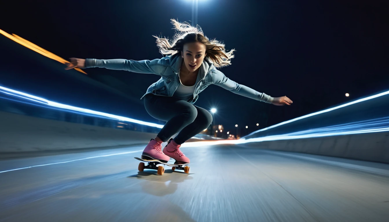 a female skater sliding in the speed of light, sprinting, speed light trail behind, close up, iconic sliding stance, forward to viewer, epic realism, 8k, UHD, dramatic light