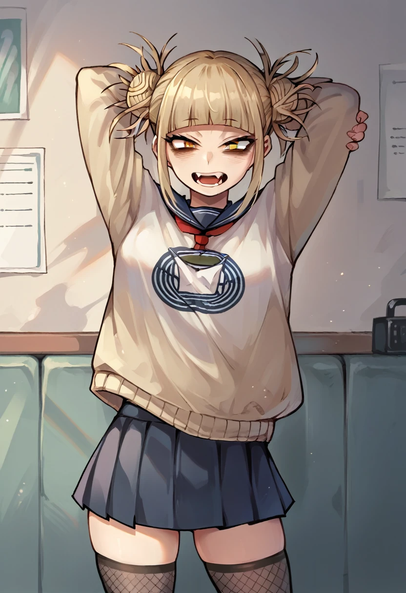 Himiko toga stretching her hand in fishnet stockings and skirt (whole body)