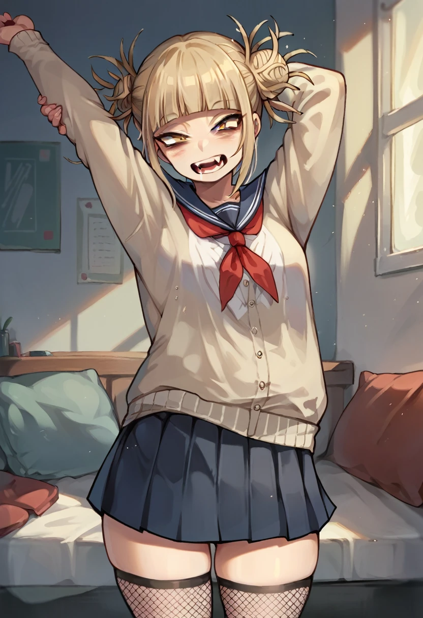 Himiko toga stretching her hand in fishnet stockings and skirt (whole body)