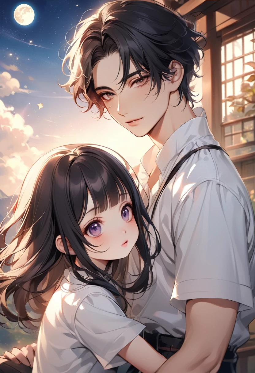cute anime-style face, Chisato, black hair with bangs, cute and delicate face, young cute pale Asian face, Sakimichan, midday moon and stars in the sky, A handsome boy in a white shirt, Realistic anime boy