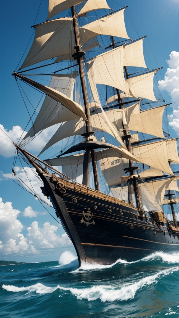 Background image: anime, small black and yellow pirate ship,