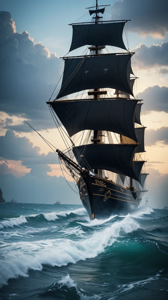 Background image: anime, small black and yellow pirate ship, 