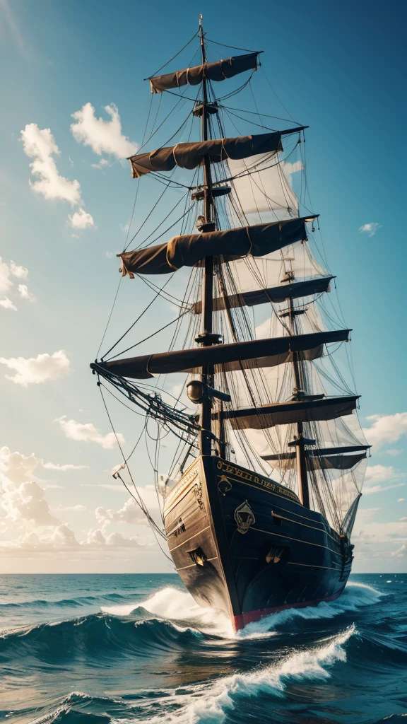 Background image: anime, small black and yellow pirate ship, 